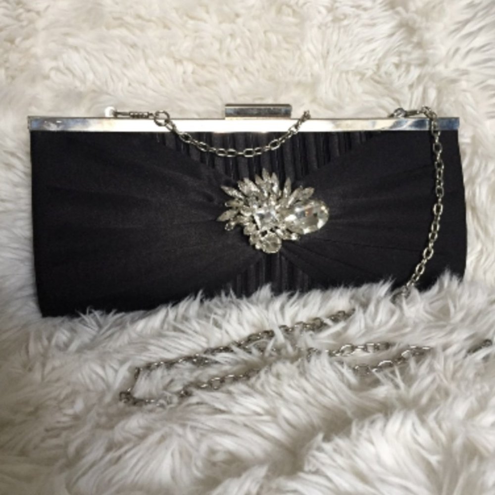 ❌SOLD!❌Classy Black Satin Rhinestone Clutch